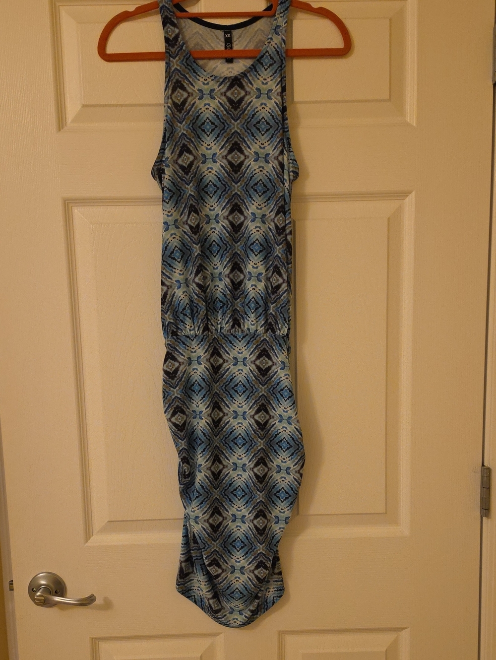 Deborah Viereck Sleeveless Blue Geometric Blouson Top Ruched Sides Dress XS
